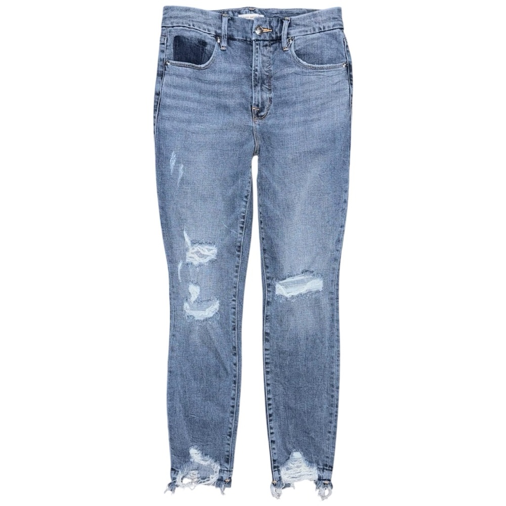 Good American Good Waist High Rise Distressed Skinny Jeans Raw Shark Bite Hem 29